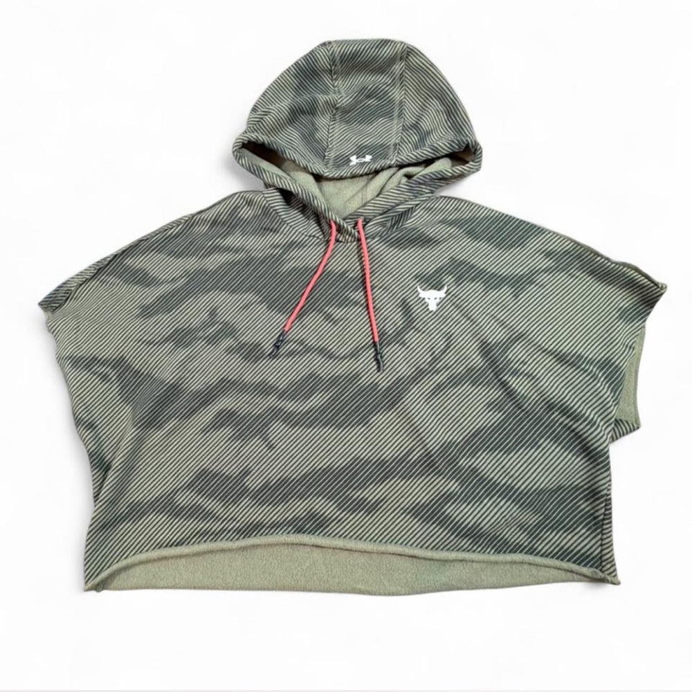 Under Armour Project Rock Fleece Cropped Hoodie Olive Green Camo Striped Large